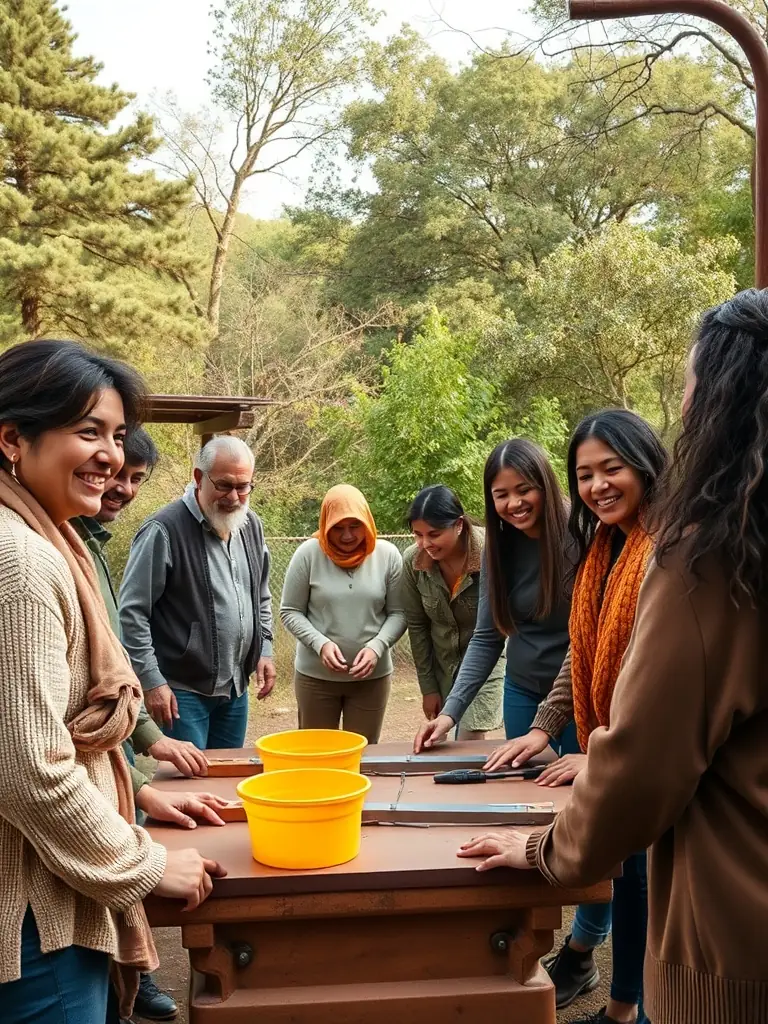 A heartwarming image of community members collaborating on a theater project outdoors, highlighting the inclusive and participatory nature of CIE THEATRALE DU DELTA's community initiatives.