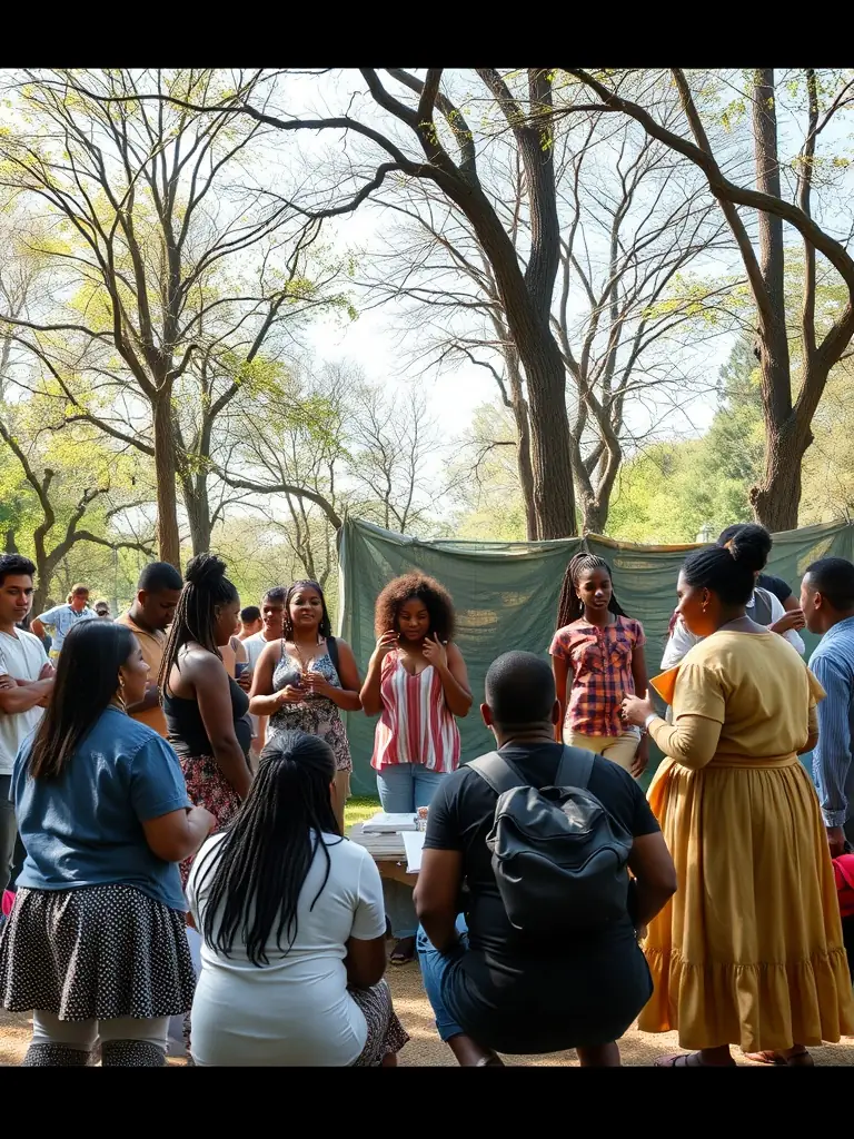 A community theater project in progress, showing diverse participants collaborating on a performance in a public space, fostering community engagement.