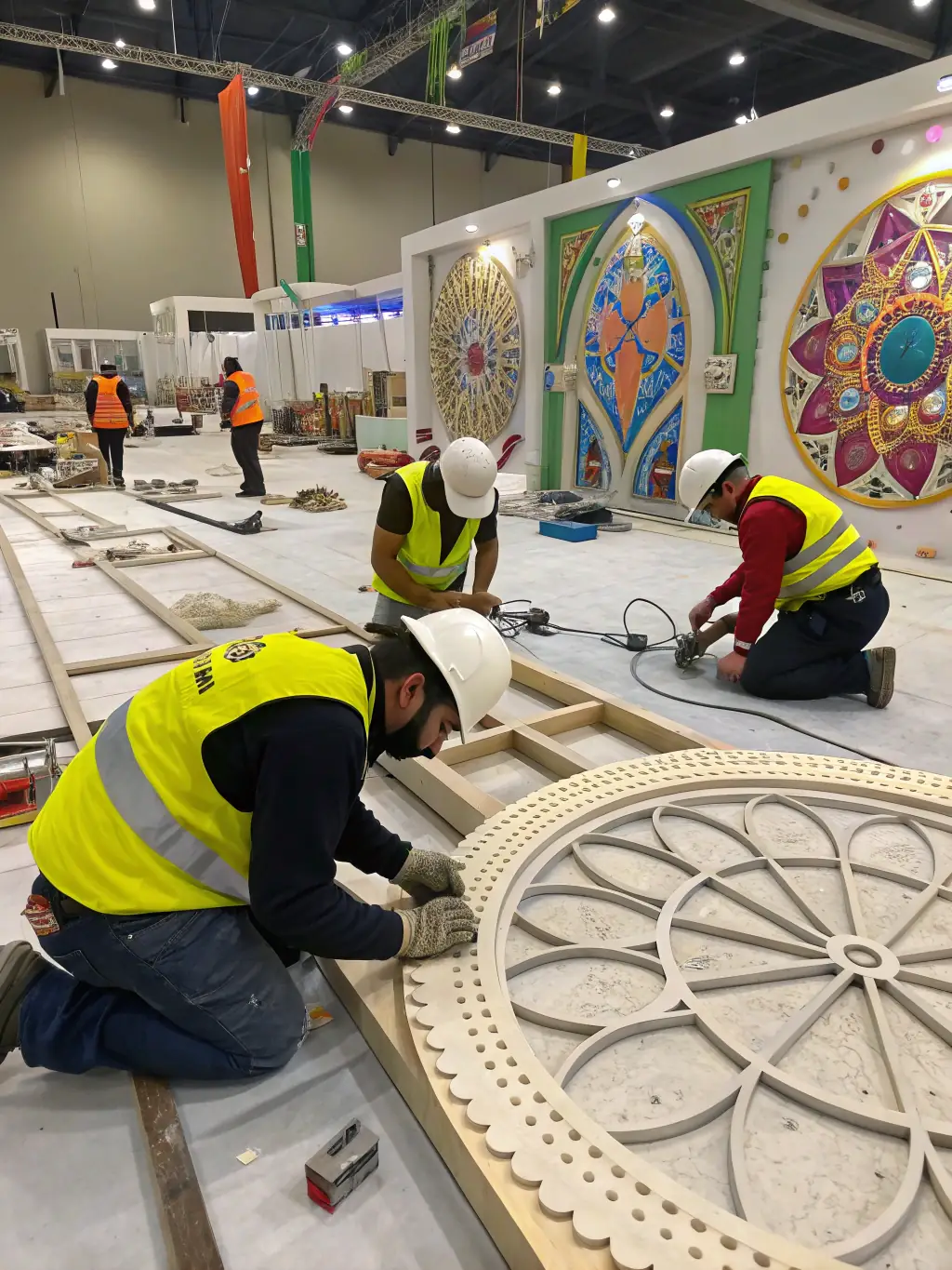 A stagecraft training session where participants are learning about set design and construction, using various tools and materials in a workshop setting.