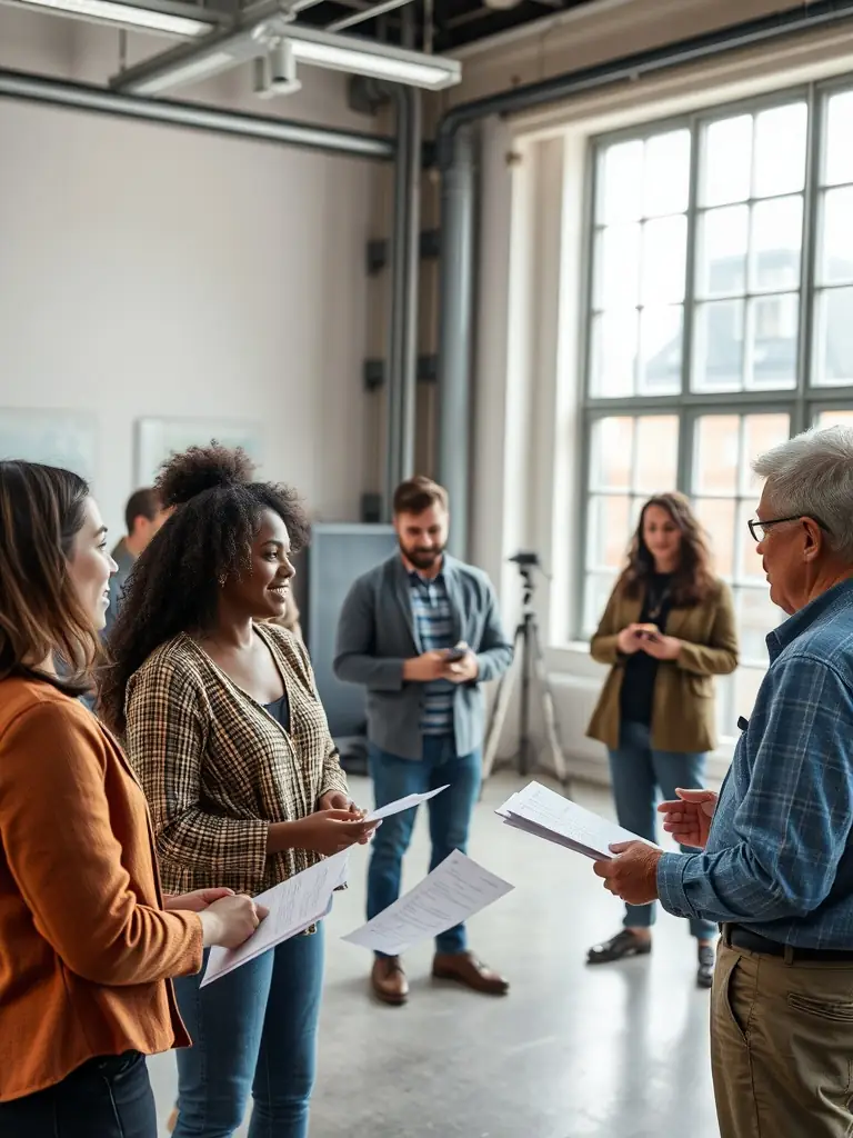 A group of actors participating in an acting workshop, focusing on improvisation techniques, with a coach providing guidance in a brightly lit studio.