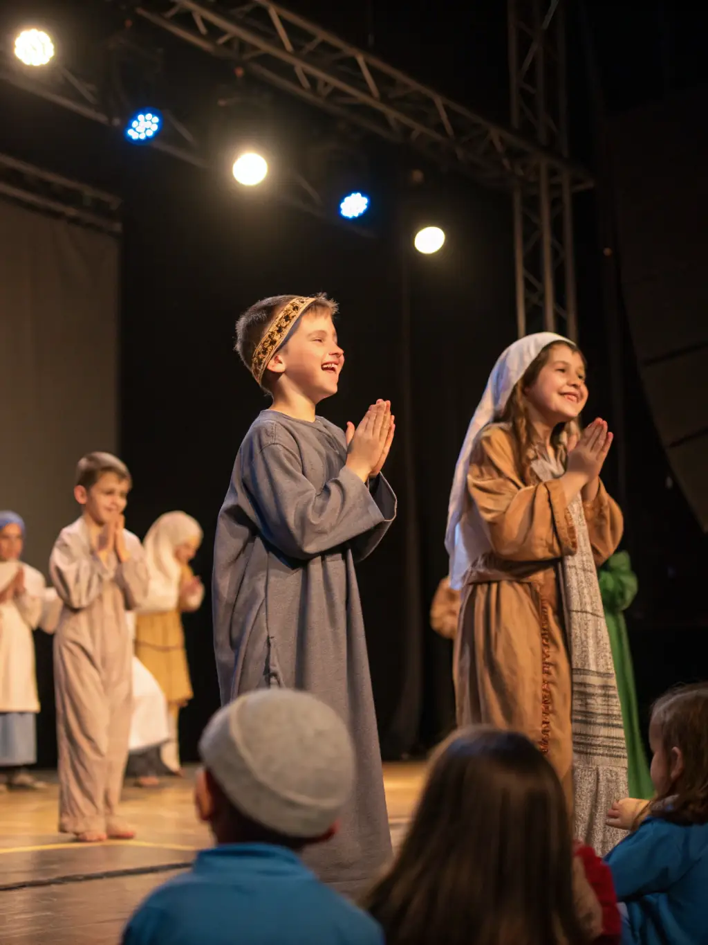 A photo of children participating in a theatrical performance, showcasing their creativity and enthusiasm on stage during a school play.