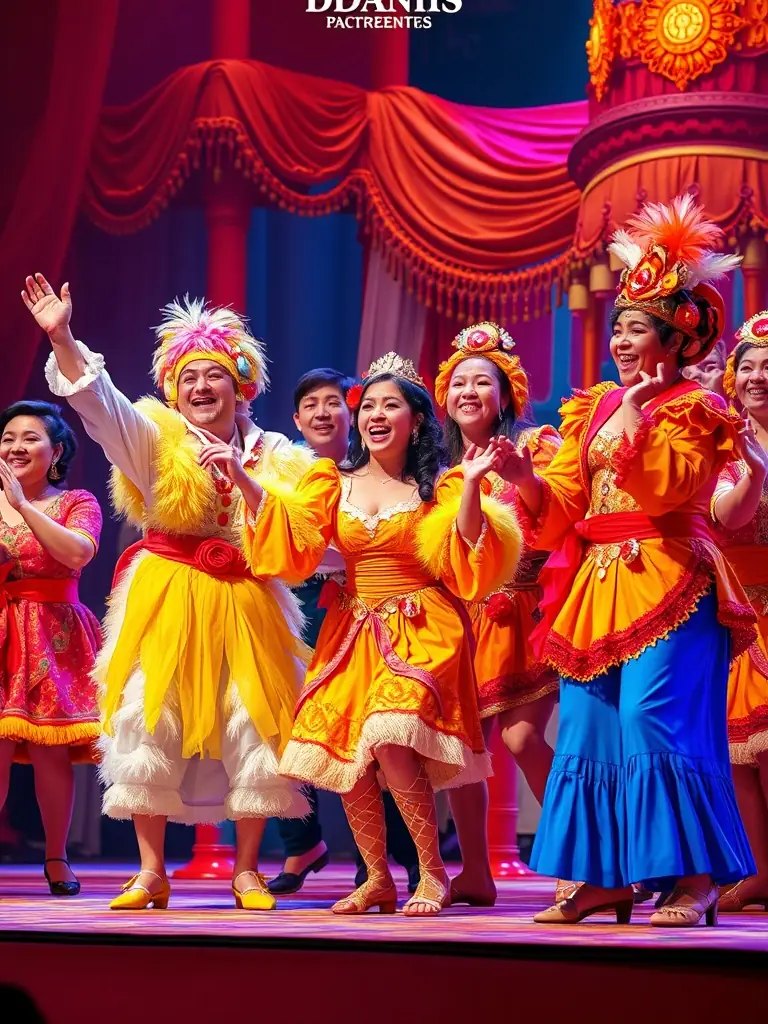 A vibrant stage scene with actors in colorful costumes performing a play, capturing the energy and excitement of a live theatrical performance by CTD.
