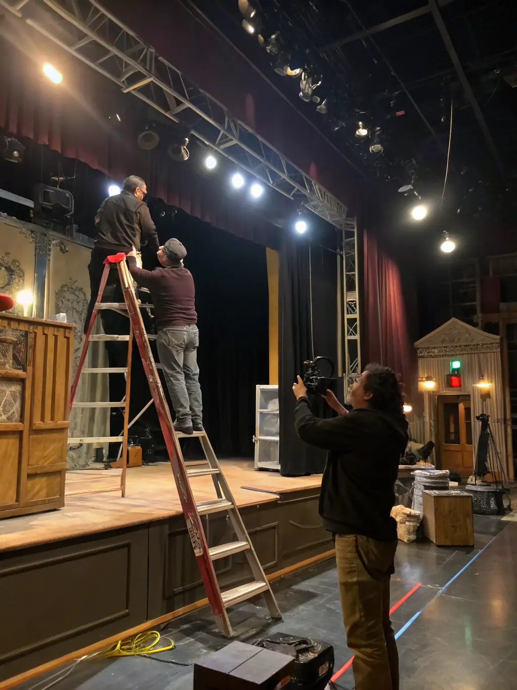 A behind-the-scenes image of stagecraft and set design, showcasing the technical aspects of theater production and the dedication of the team at CIE THEATRALE DU DELTA.
