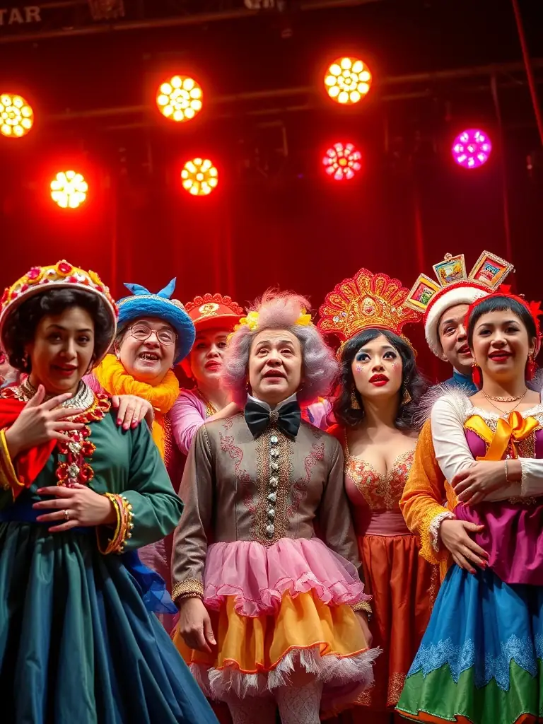 A vibrant image of a theatrical performance with actors in colorful costumes on stage, showcasing the energy and artistry of CIE THEATRALE DU DELTA's productions.
